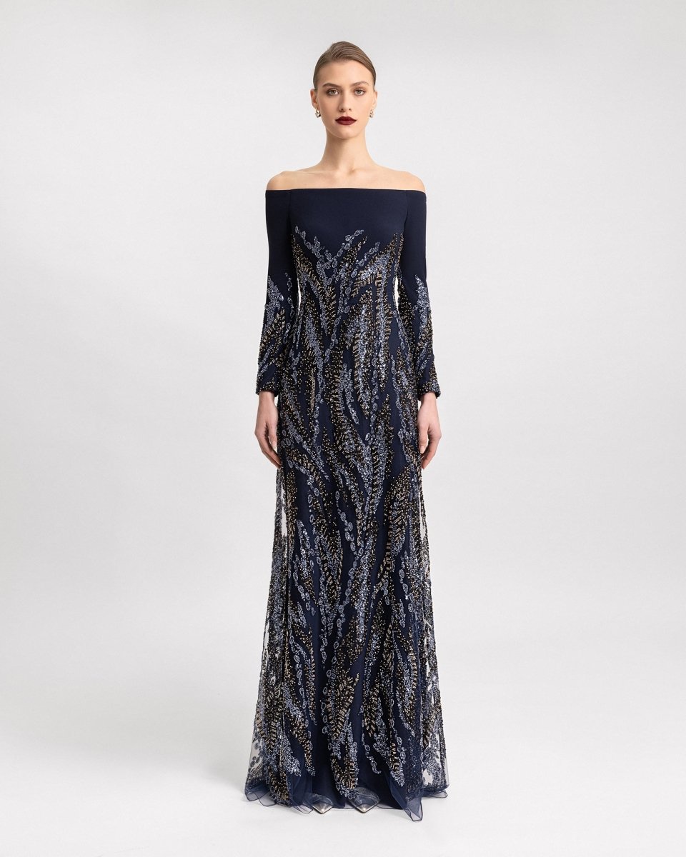 Long Sleeves Beaded Dress - Gemy Maalouf