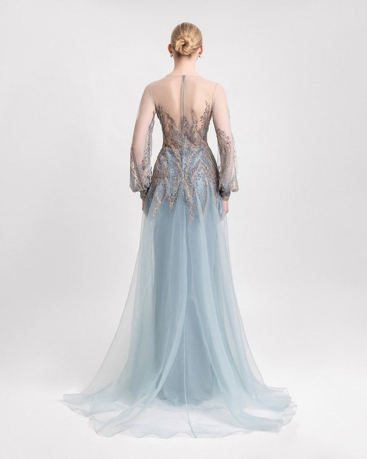 Beaded Sheer Sleeves Dress - Gemy Maalouf