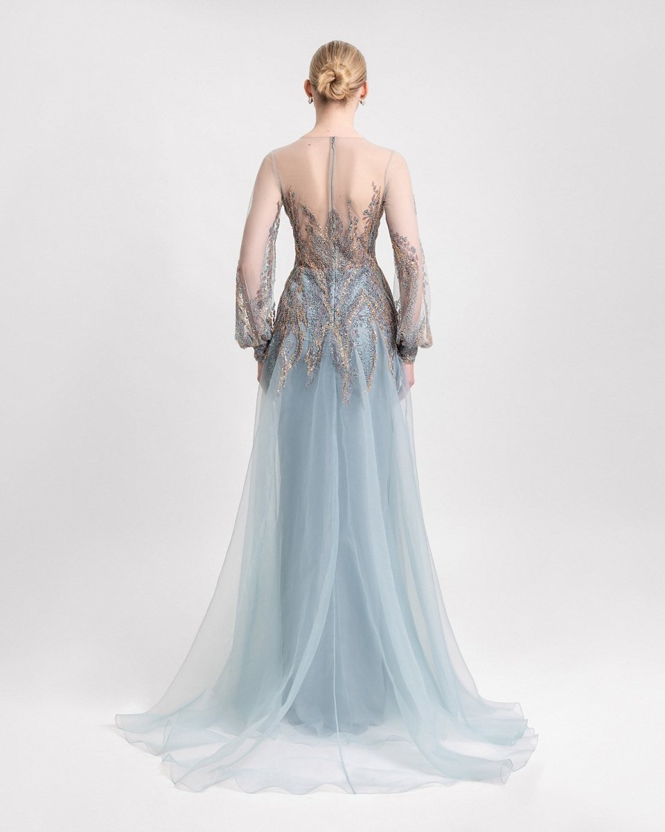 Beaded Sheer Sleeves Dress - Gemy Maalouf