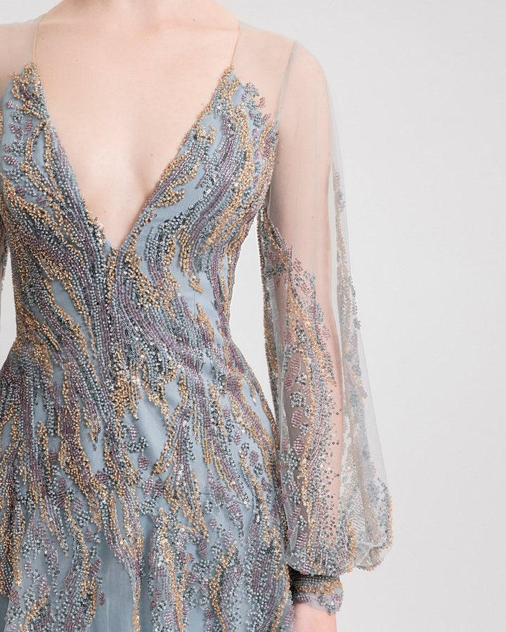 Beaded Sheer Sleeves Dress - Gemy Maalouf