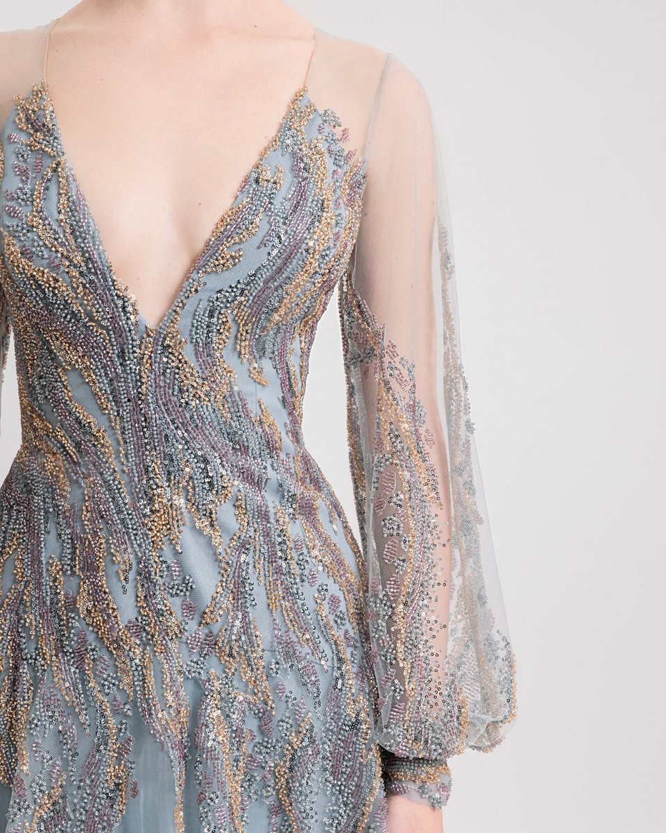 Beaded Sheer Sleeves Dress - Gemy Maalouf
