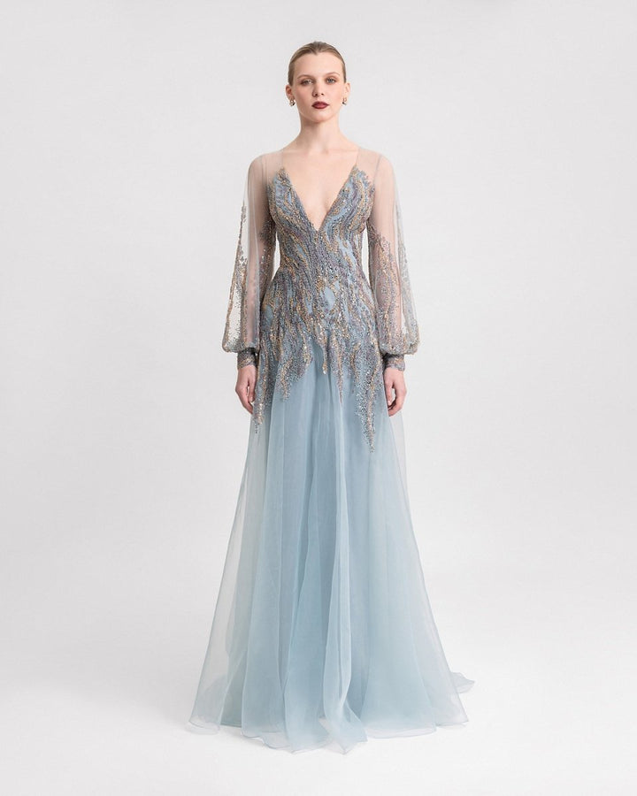 Beaded Sheer Sleeves Dress - Gemy Maalouf