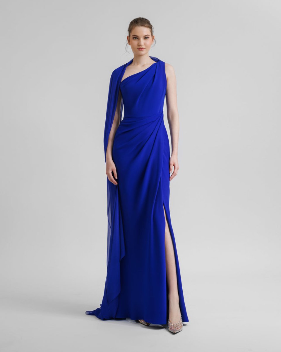 Asymmetrical Draping Blue Crepe Dress - Gemy Maalouf