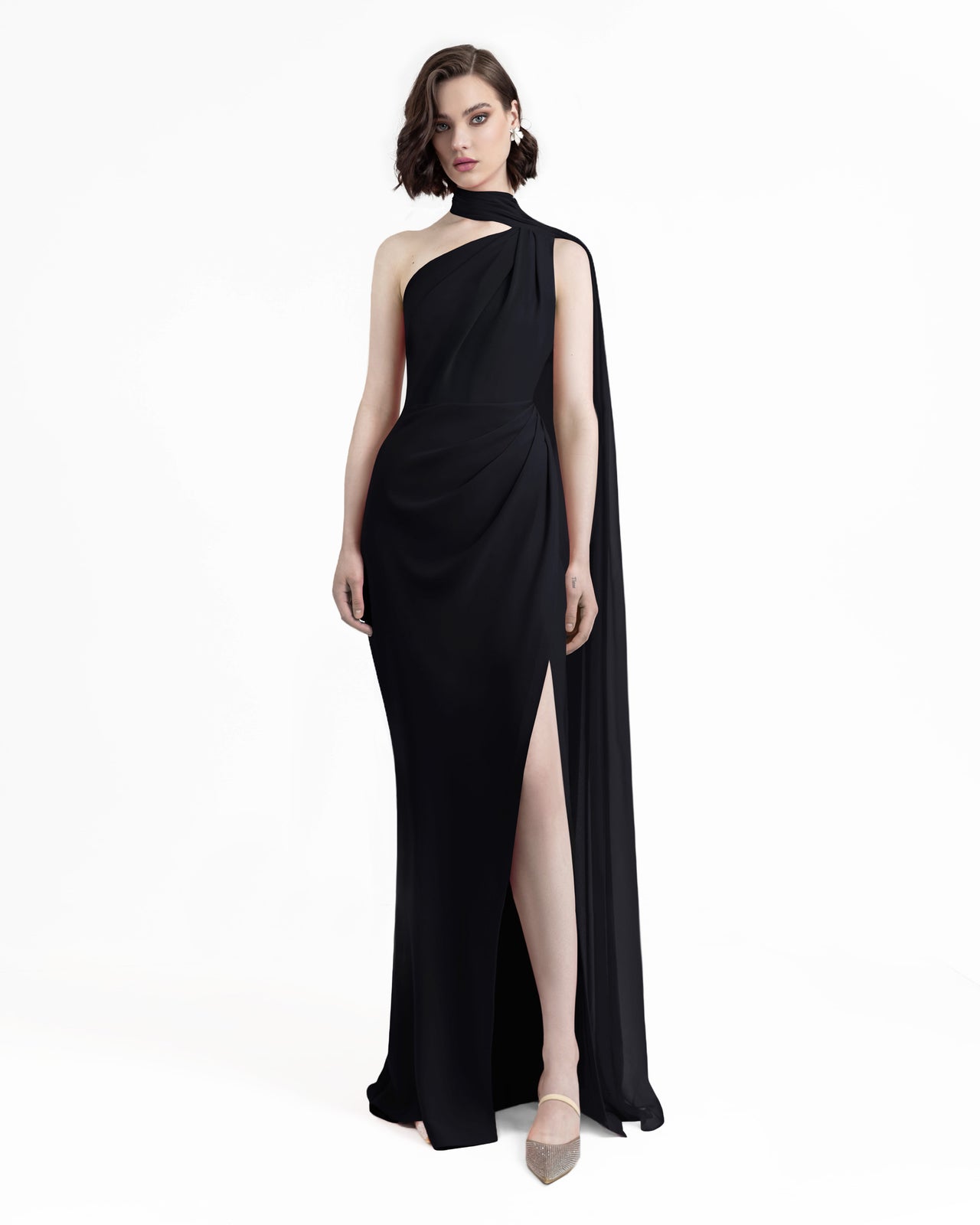 chinese dress ladies Asymmetrical Draping Black Crepe Dress