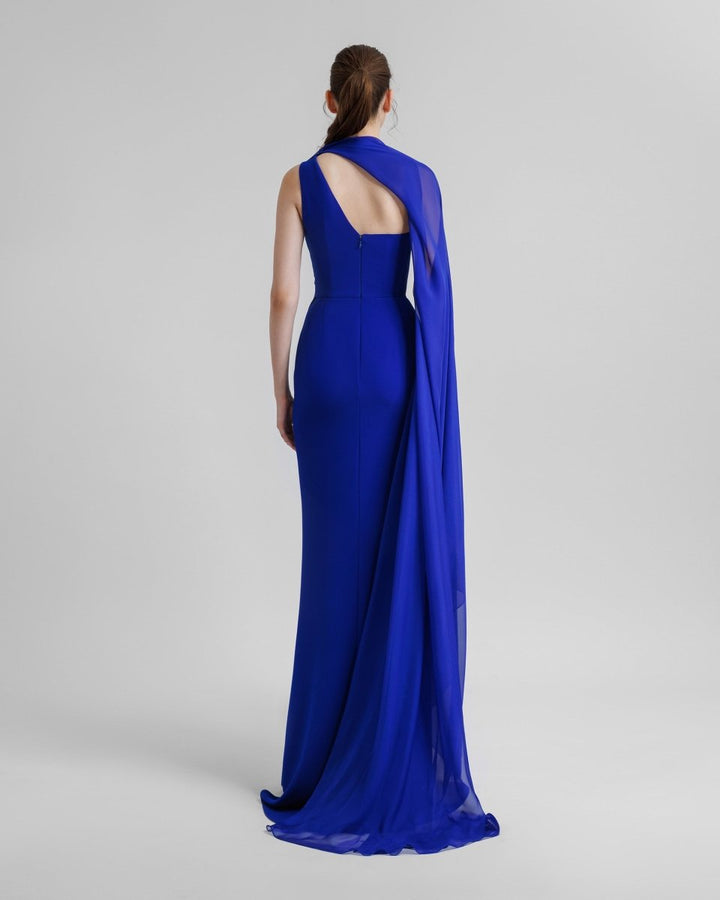 Asymmetrical Draping Blue Crepe Dress - Gemy Maalouf