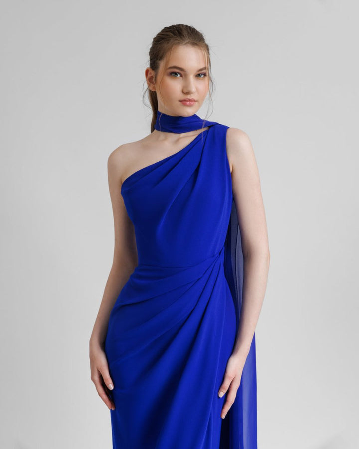 Asymmetrical Draping Blue Crepe Dress - Gemy Maalouf