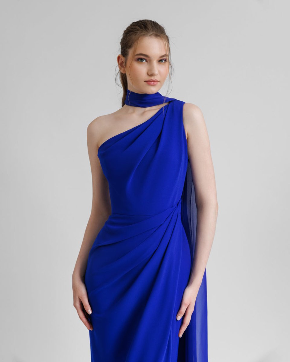 Asymmetrical Draping Blue Crepe Dress - Gemy Maalouf