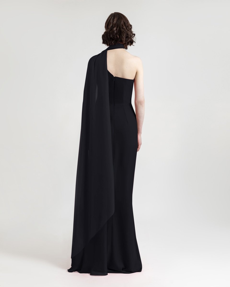 Asymmetrical Draping Black Crepe Dress - Gemy Maalouf
