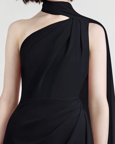 Asymmetrical Draping Black Crepe Dress