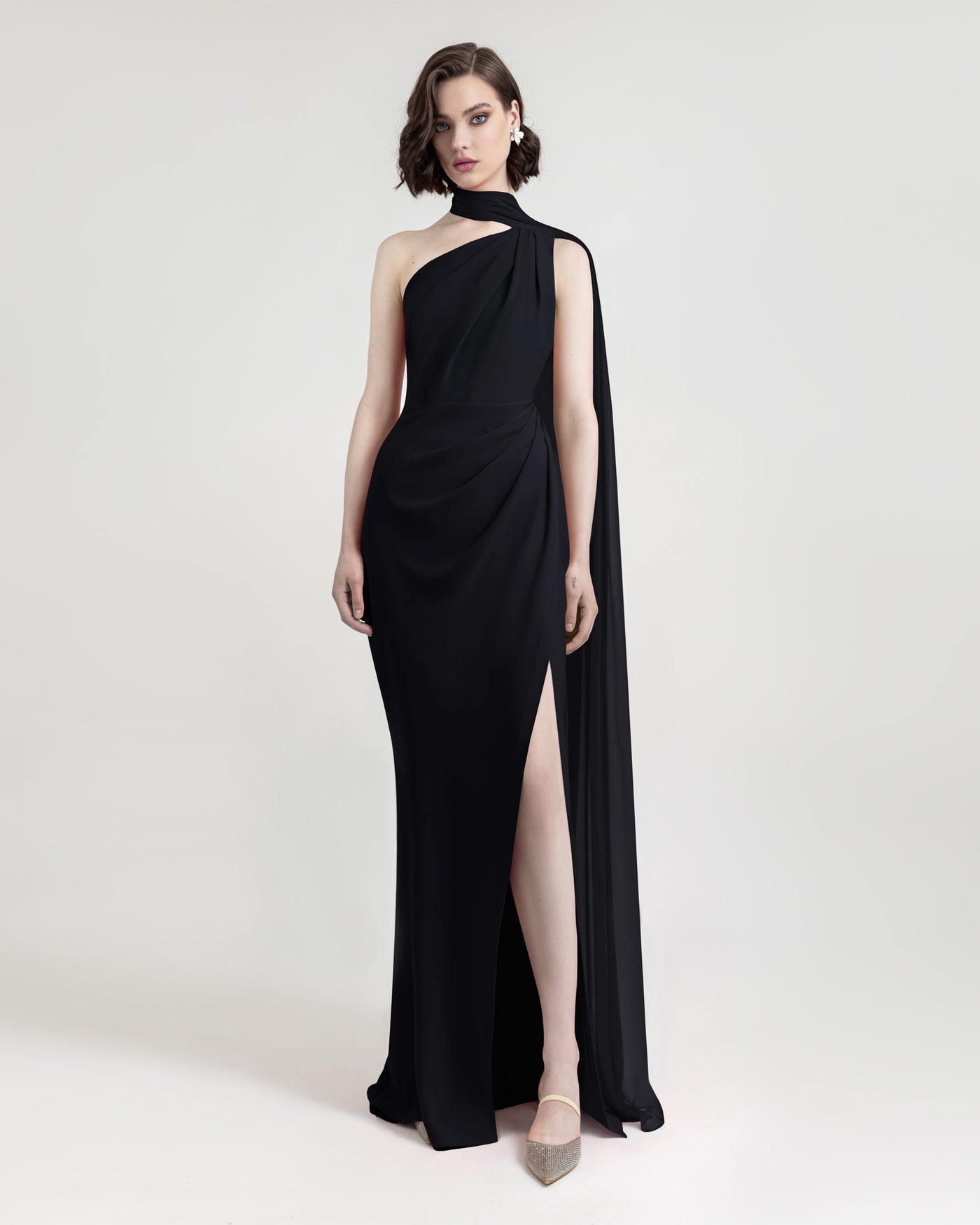 Asymmetrical Draping Black Crepe Dress