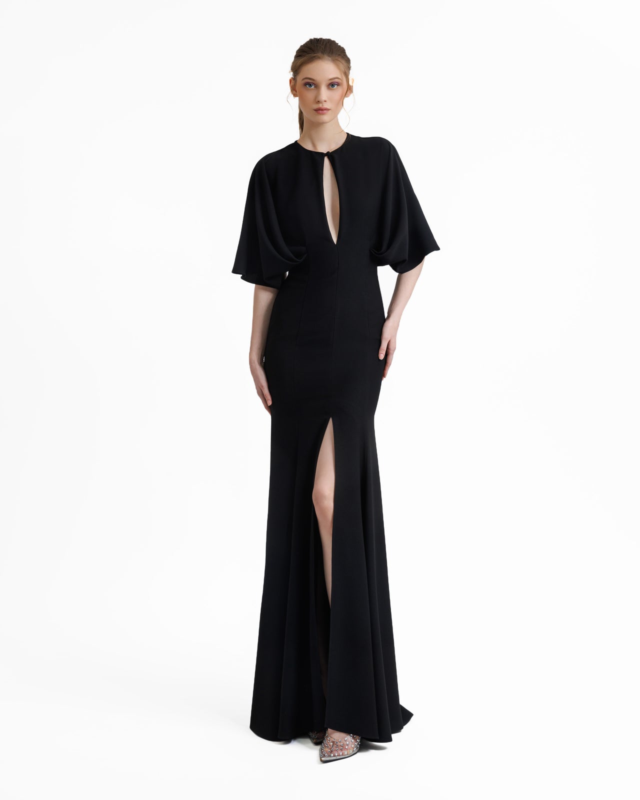blue dress for baby girl Black V-Neck Elegant Maxi Dress With Slit And Long Bell Sleeves – SYLEND main image 0