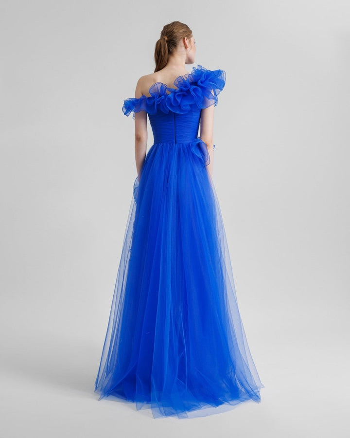 Royal Blue Ruffled Neckline Dress - Gemy Maalouf