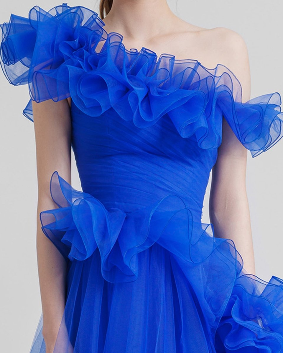Royal Blue Ruffled Neckline Dress - Gemy Maalouf