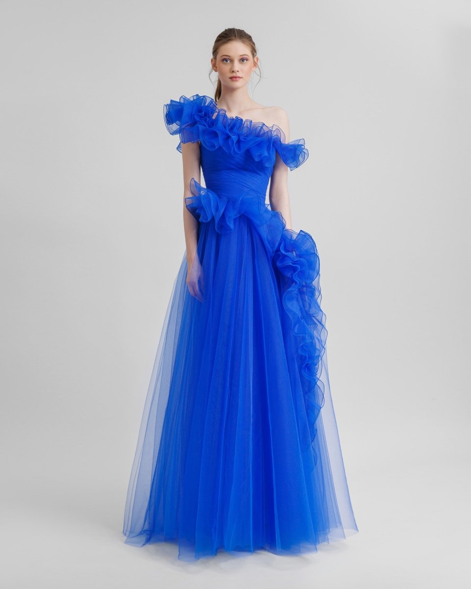 Royal Blue Ruffled Neckline Dress - Gemy Maalouf