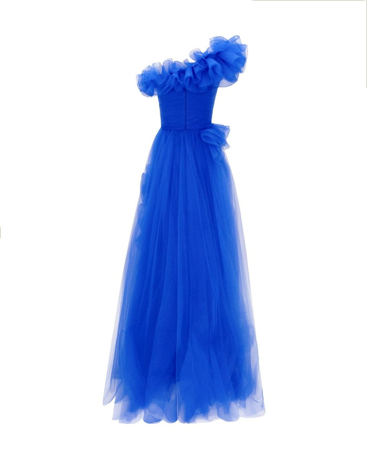 Royal Blue Ruffled Neckline Dress - Gemy Maalouf