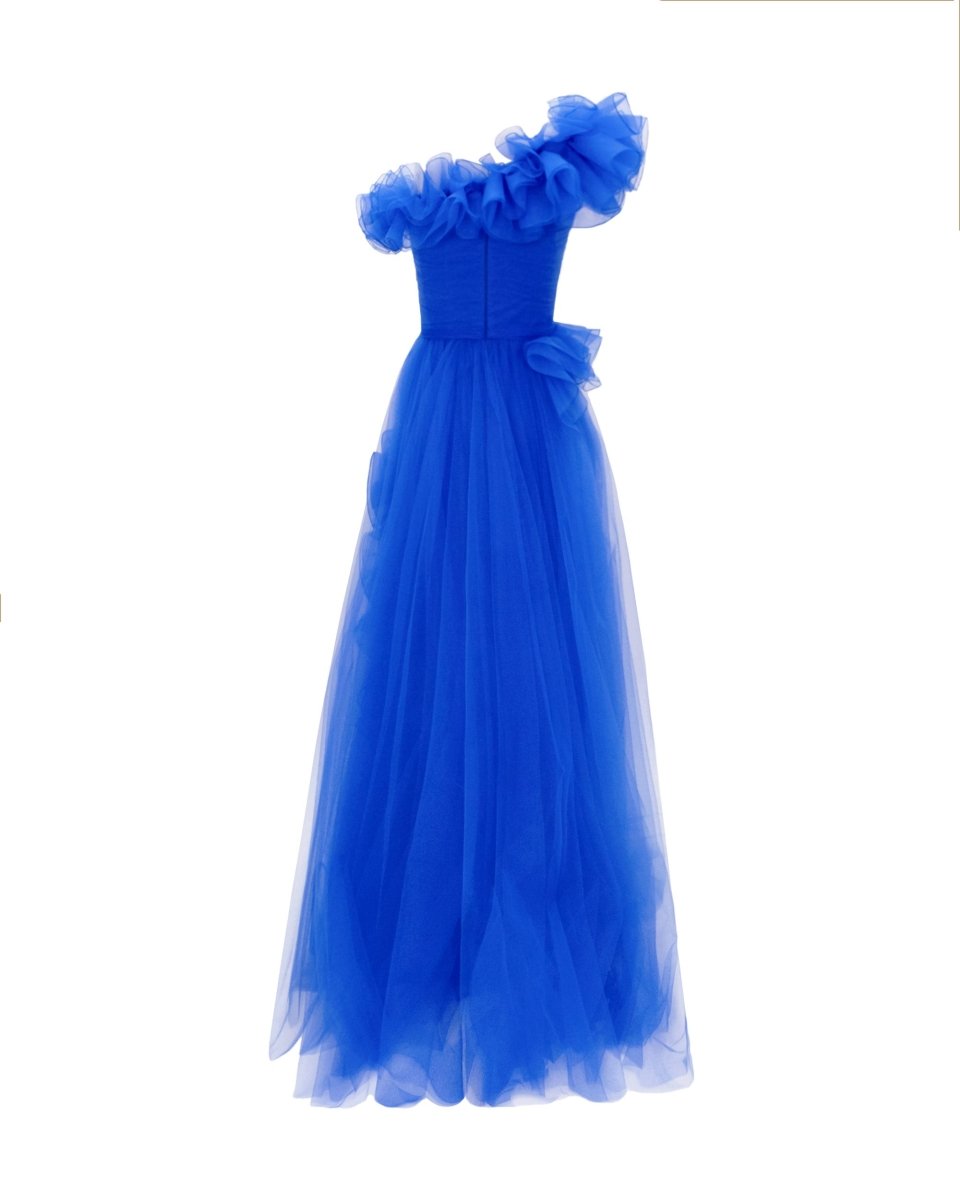 Royal Blue Ruffled Neckline Dress - Gemy Maalouf