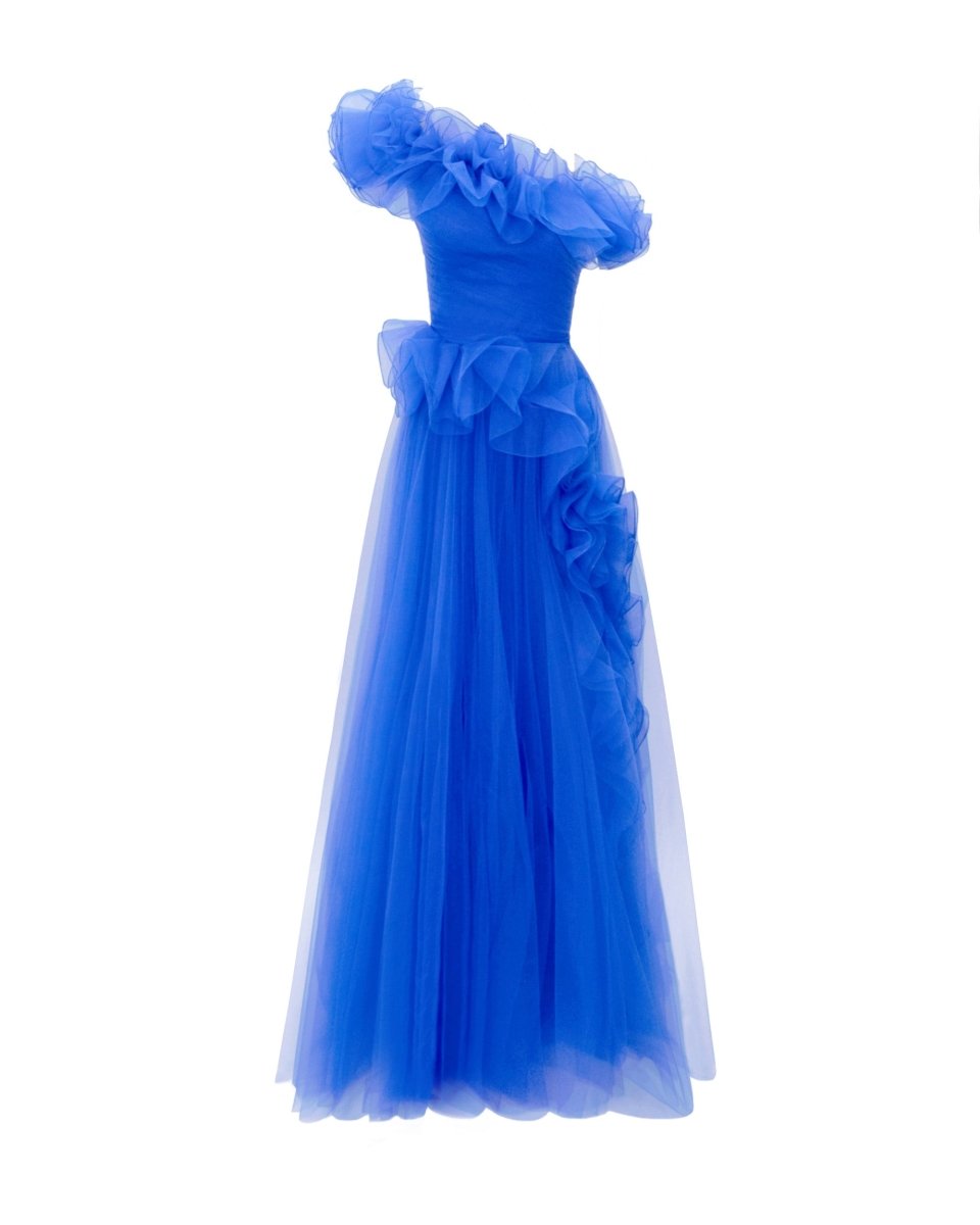 Royal Blue Ruffled Neckline Dress - Gemy Maalouf