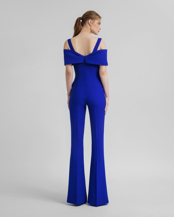 Royal Blue Bow Design Flared Jumpsuit - Gemy Maalouf