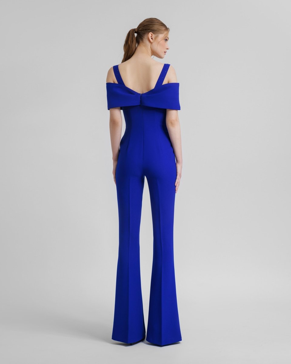 Royal Blue Bow Design Flared Jumpsuit - Gemy Maalouf