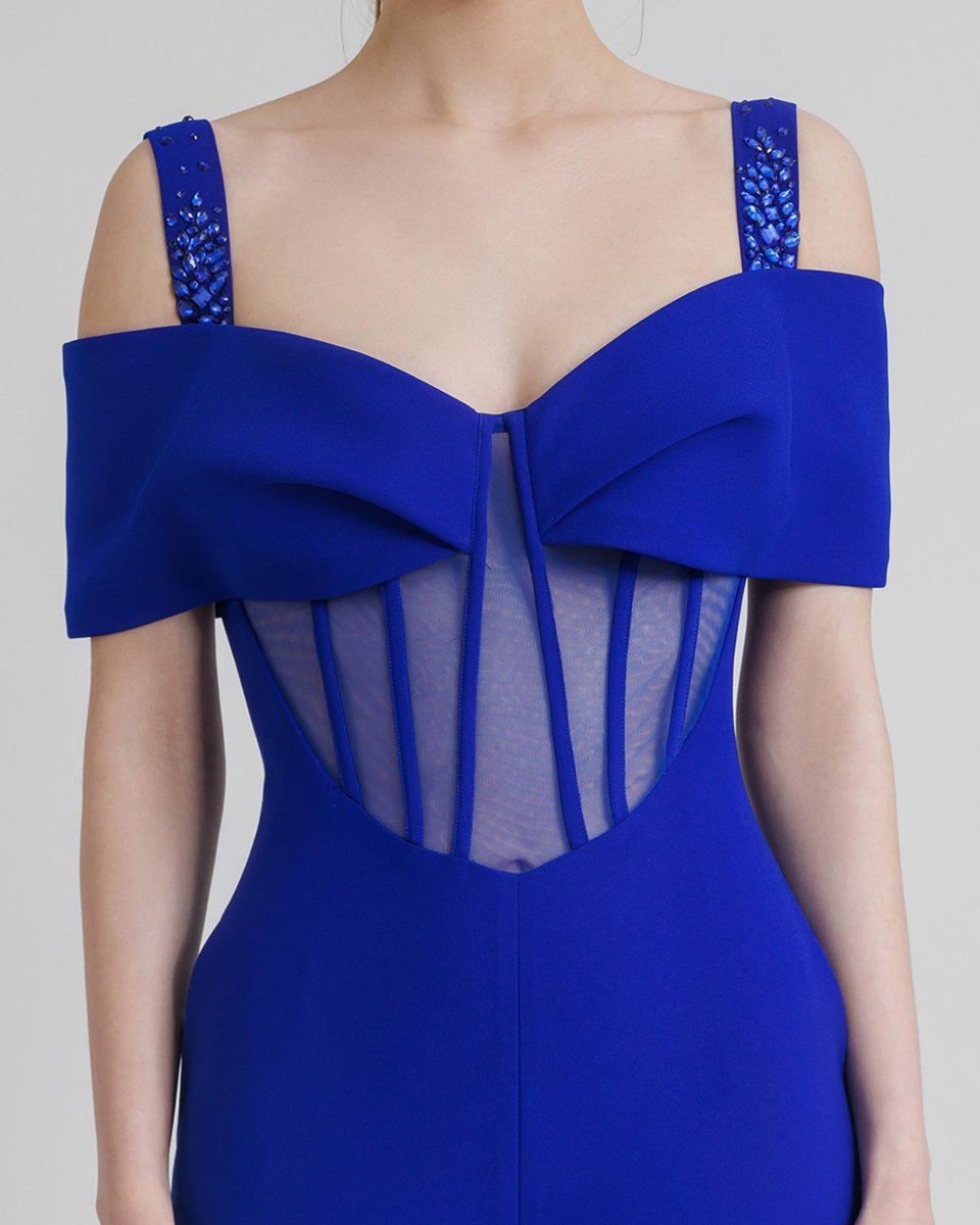 Royal Blue Bow Design Flared Jumpsuit - Gemy Maalouf