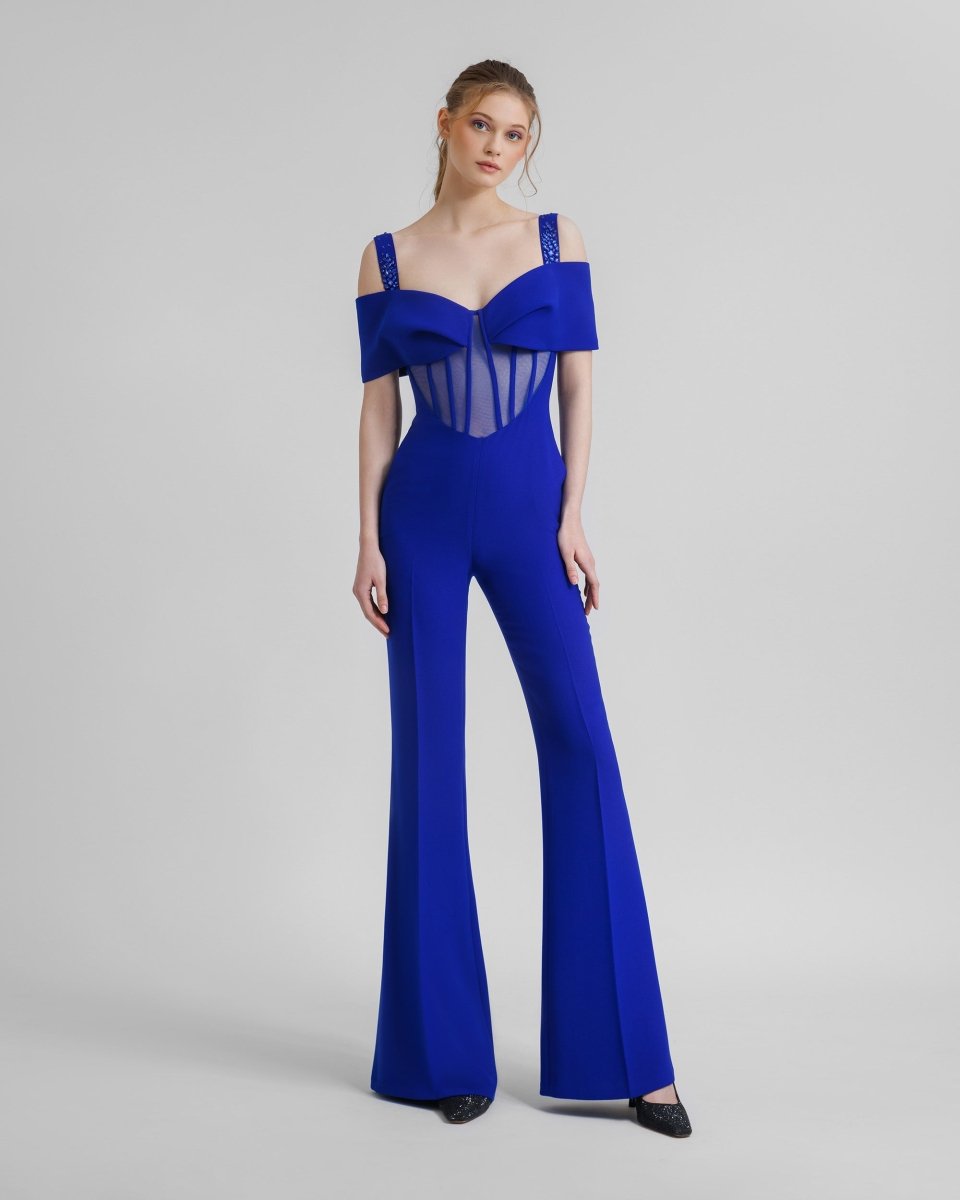 Royal Blue Bow Design Flared Jumpsuit - Gemy Maalouf