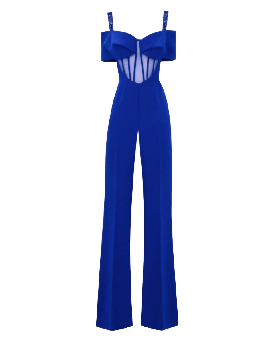 Royal Blue Bow Design Flared Jumpsuit - Gemy Maalouf