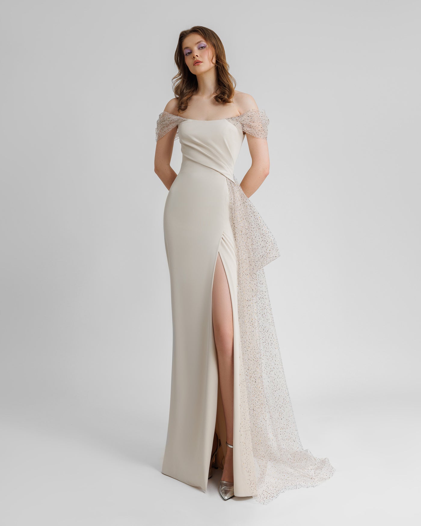 Off-Shoulders Draped Dress With Tail
