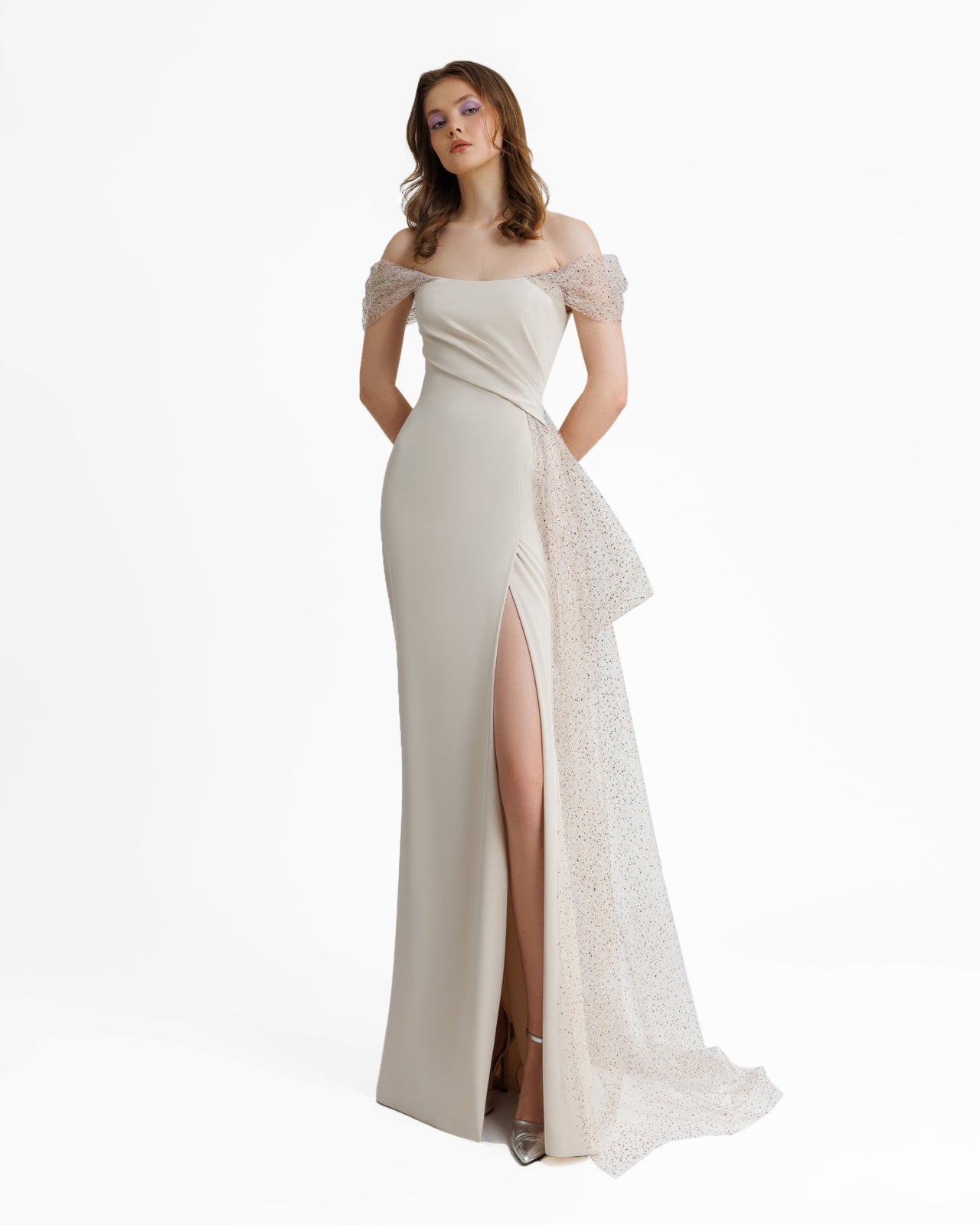 Gemy Maalouf | Evening Dresses | Off-Shoulders Draped Dress With Tail Gemy Maalouf | Evening Dresses | Off-Shoulders Draped Dress With Tail