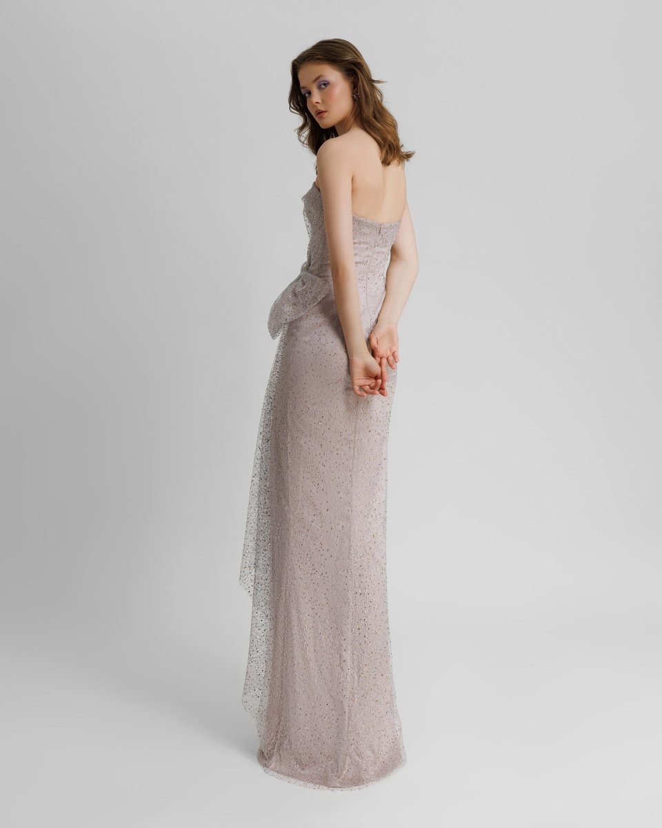 Light Lilac Strapless Beaded Mesh Dress - Gemy Maalouf