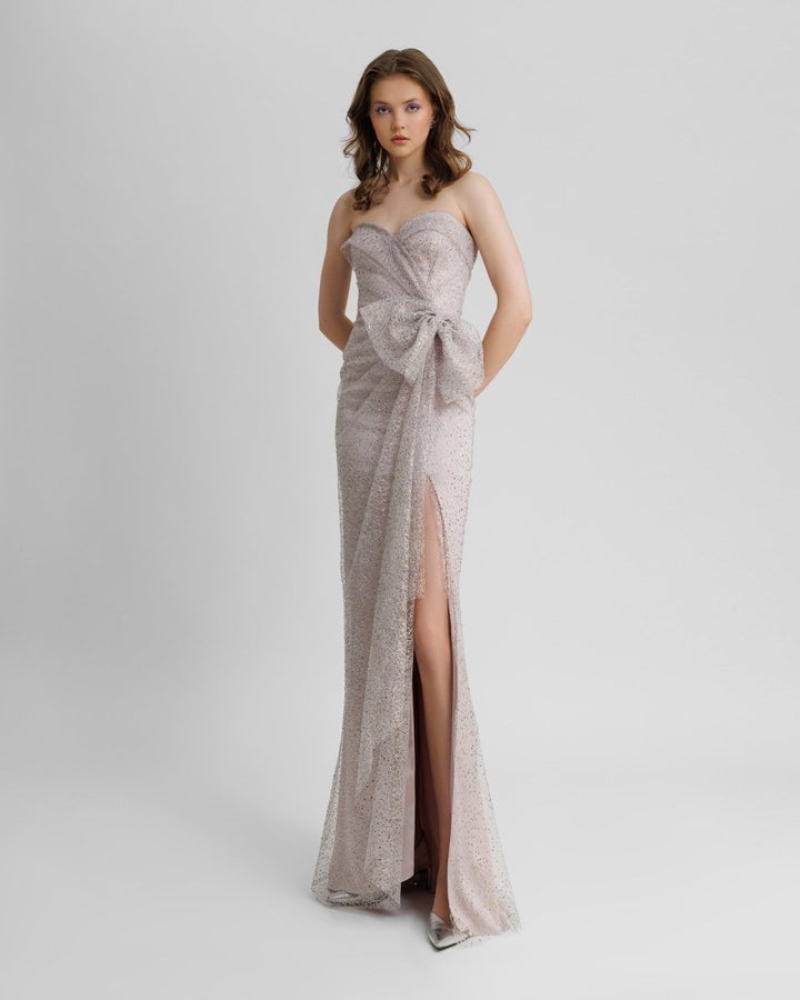 Light Lilac Strapless Beaded Mesh Dress - Gemy Maalouf