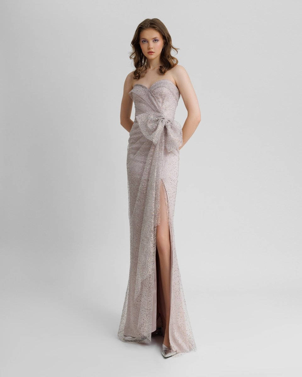 Light Lilac Strapless Beaded Mesh Dress - Gemy Maalouf