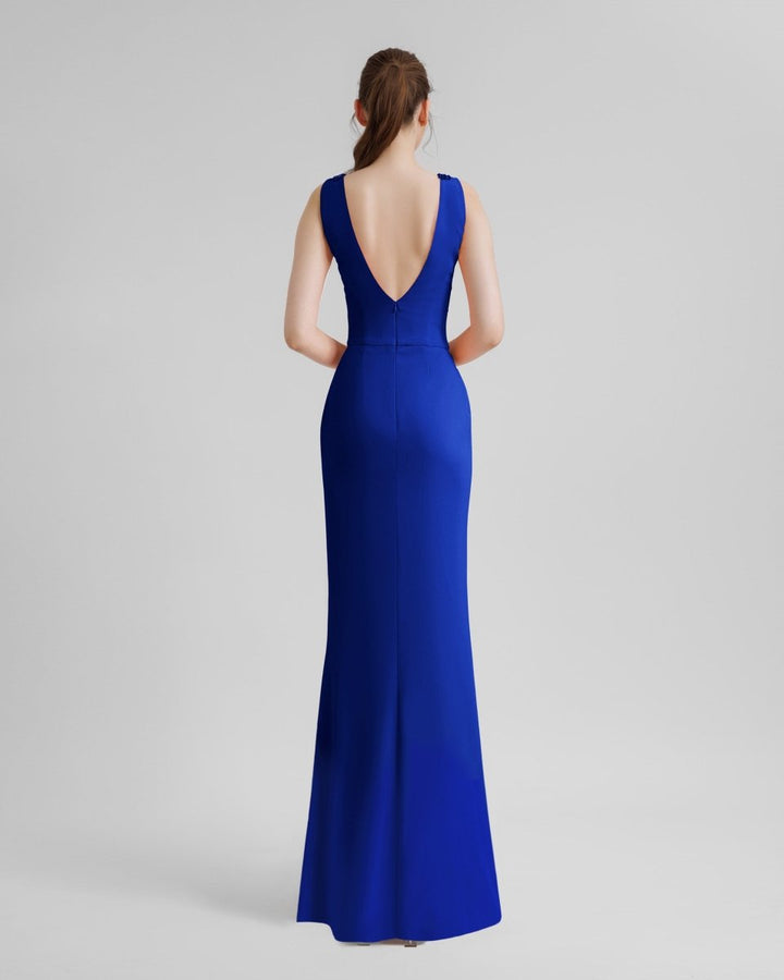V - Neckline Royal Blue Beaded Dress - Gemy Maalouf