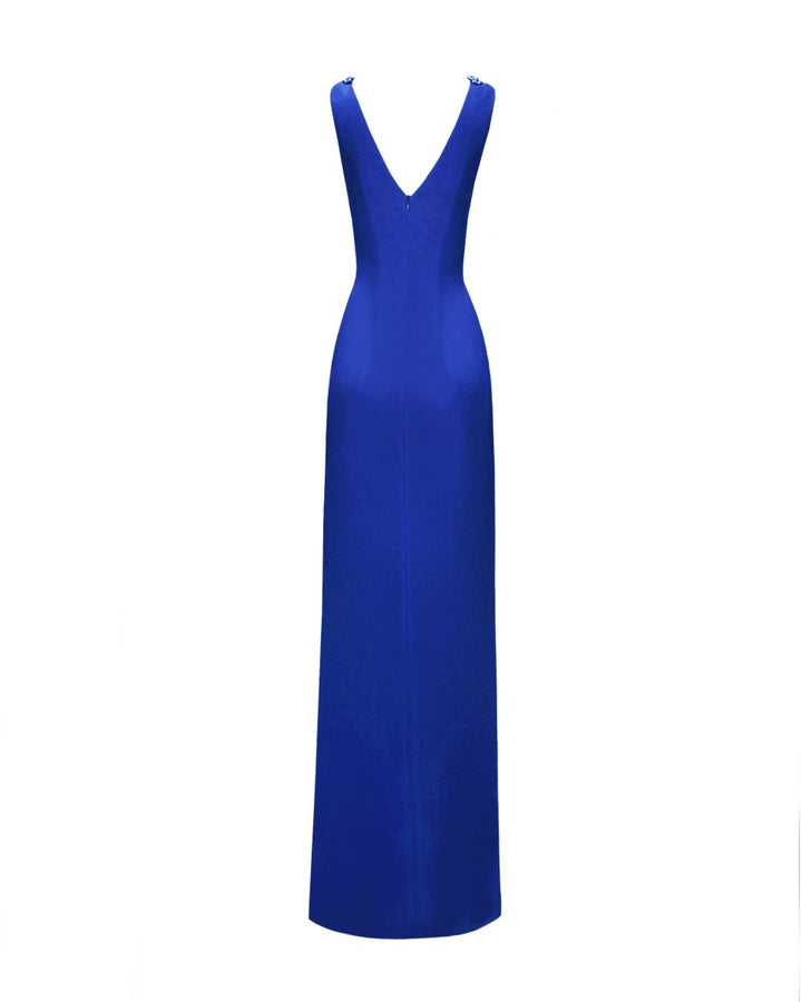 V - Neckline Royal Blue Beaded Dress - Gemy Maalouf