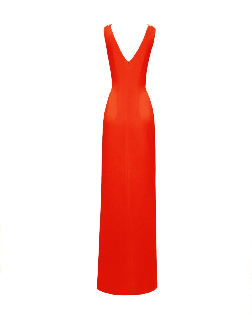 V - Neckline Coral Beaded Dress - Gemy Maalouf