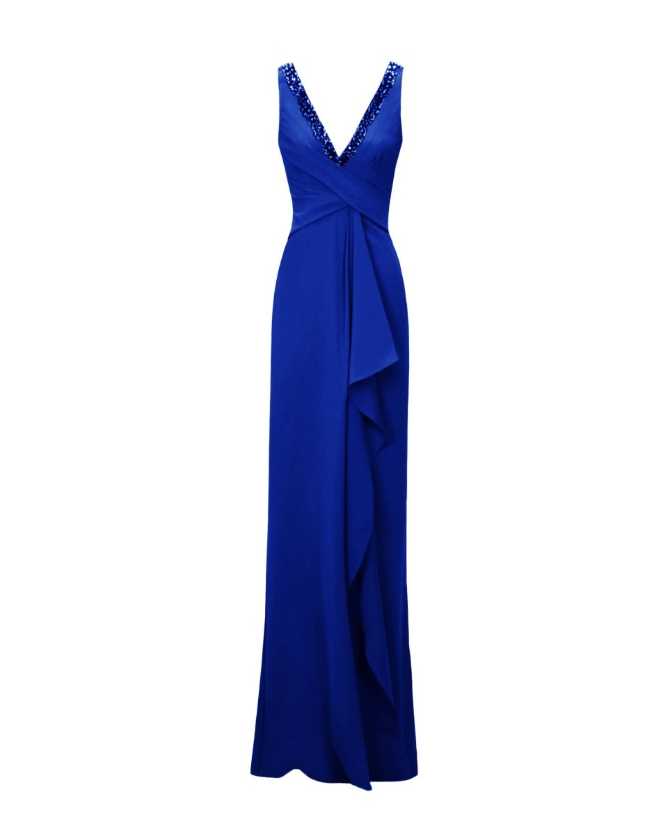V - Neckline Royal Blue Beaded Dress - Gemy Maalouf