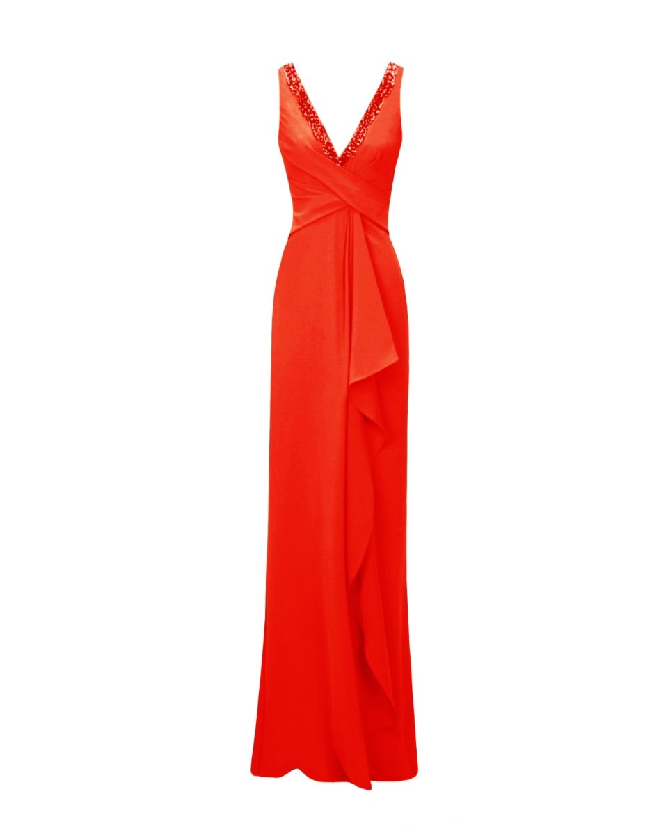 V - Neckline Coral Beaded Dress - Gemy Maalouf
