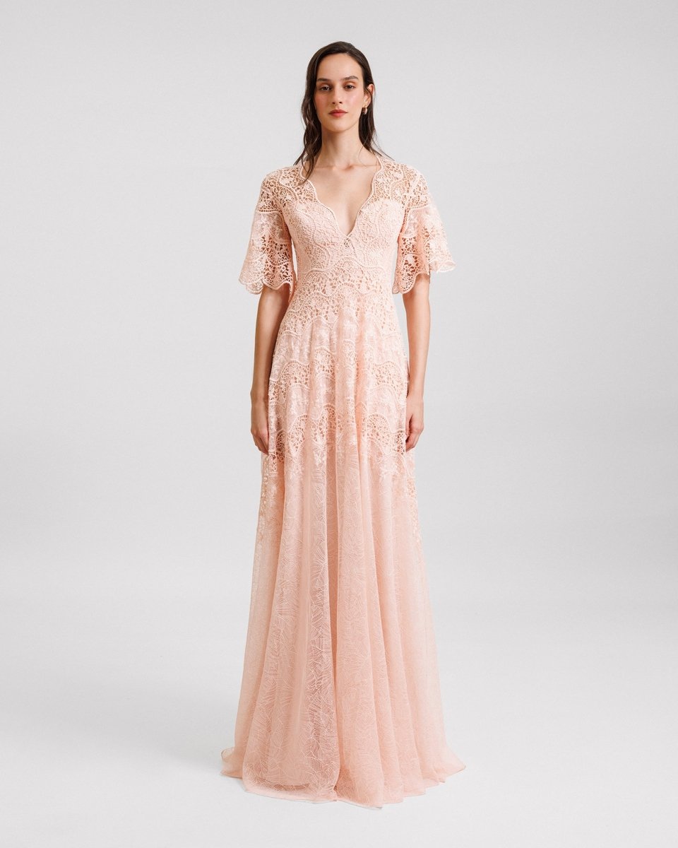 Lace Dress with Deep V - Neck - Gemy Maalouf