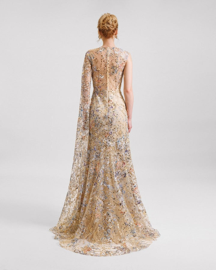 Beaded Dress with Floor Length Sleeve - Gemy Maalouf