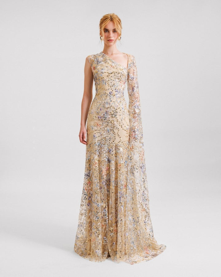 Beaded Dress with Floor Length Sleeve - Gemy Maalouf
