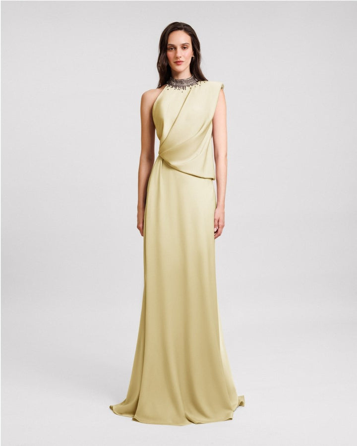 Asymmetrical Embellished Collar Dress - Gemy Maalouf