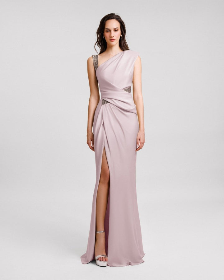 Embellished Asymmetrical Neckline Dress - Gemy Maalouf
