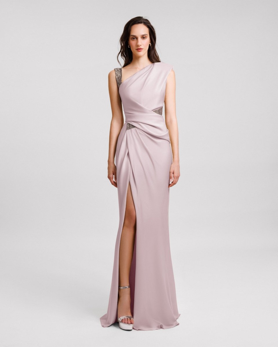 Embellished Asymmetrical Neckline Dress - Gemy Maalouf