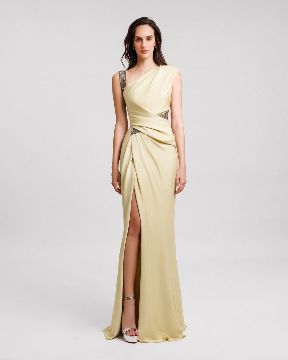Embellished Asymmetrical Neckline Dress - Gemy Maalouf