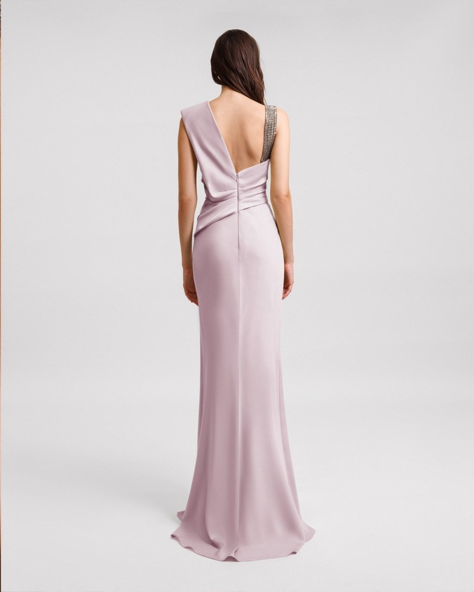 Embellished Asymmetrical Neckline Dress - Gemy Maalouf