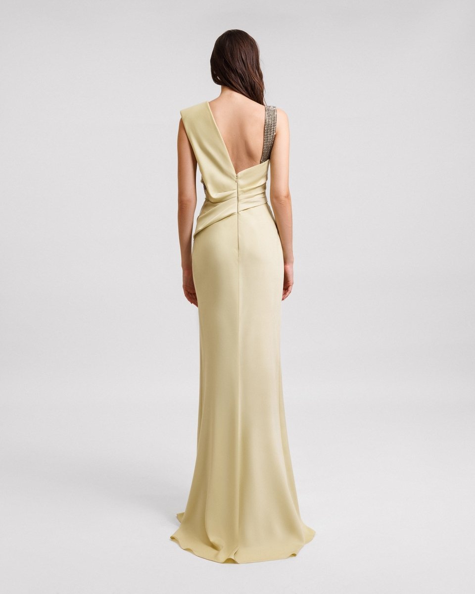 asymmetrical neck dresses Xscape Asymmetrical Neckline Cap Sleeve Ruched Scuba Crepe Sheath Gown, Womens, 10, Olive