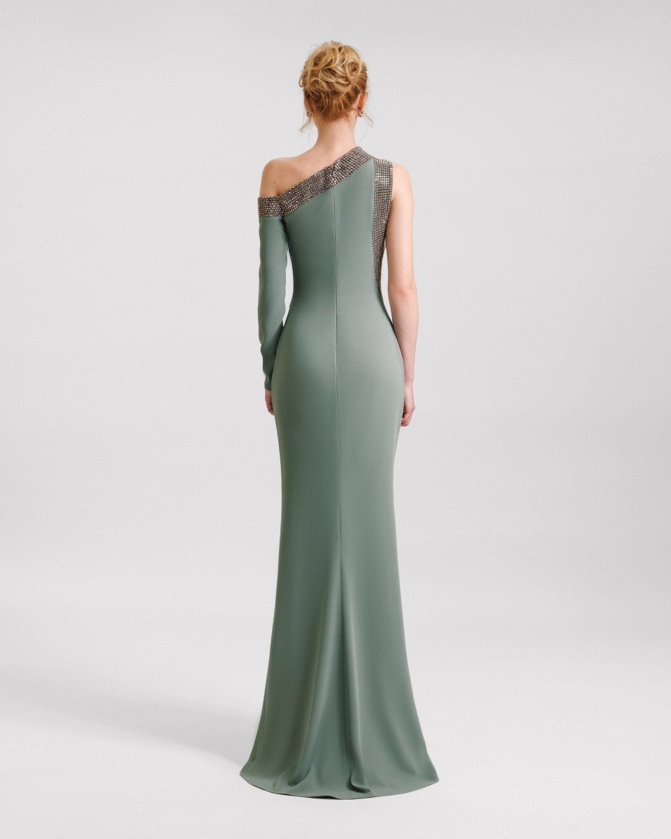 Embellished Asymmetrical Neckline Dress - Gemy Maalouf