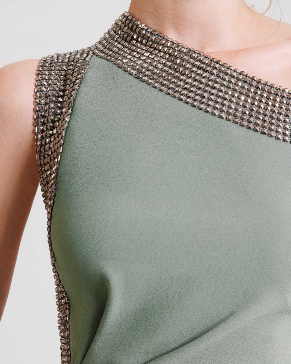 Embellished Asymmetrical Neckline Dress - Gemy Maalouf