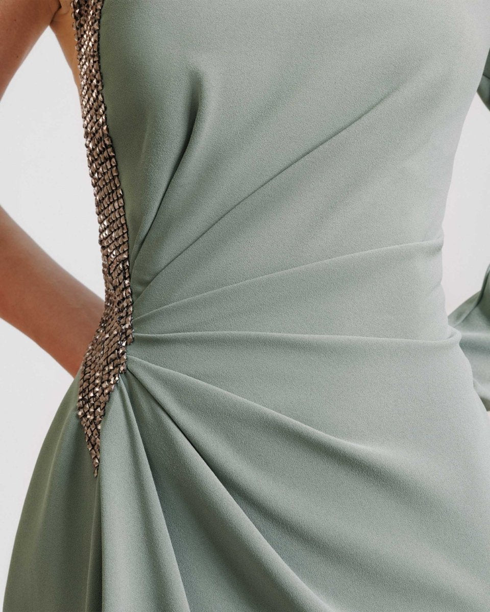 Embellished Asymmetrical Neckline Dress - Gemy Maalouf