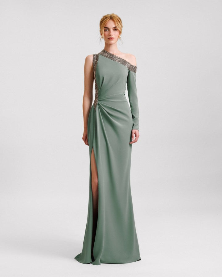 Embellished Asymmetrical Neckline Dress - Gemy Maalouf