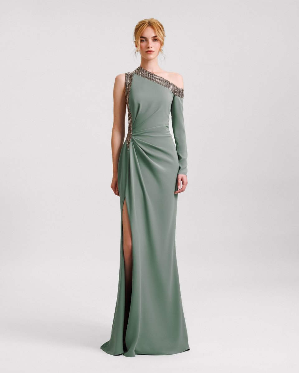 Embellished Asymmetrical Neckline Dress - Gemy Maalouf